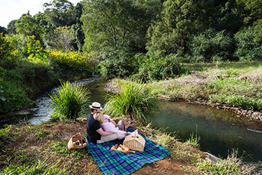 Couple relaxing by creek on picnic rug