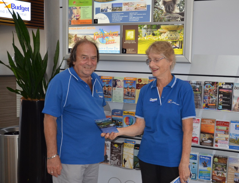 Derek Forkgen and Gwenda Demaagd Tourism ambassadors at the airport