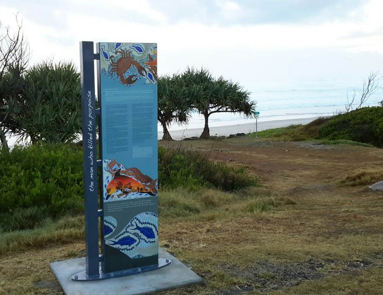Aboriginal Cultural Ways signage with views overlooking the beach