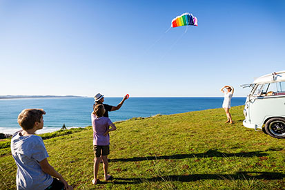 Family flying kite at Pat Morton with Kombi