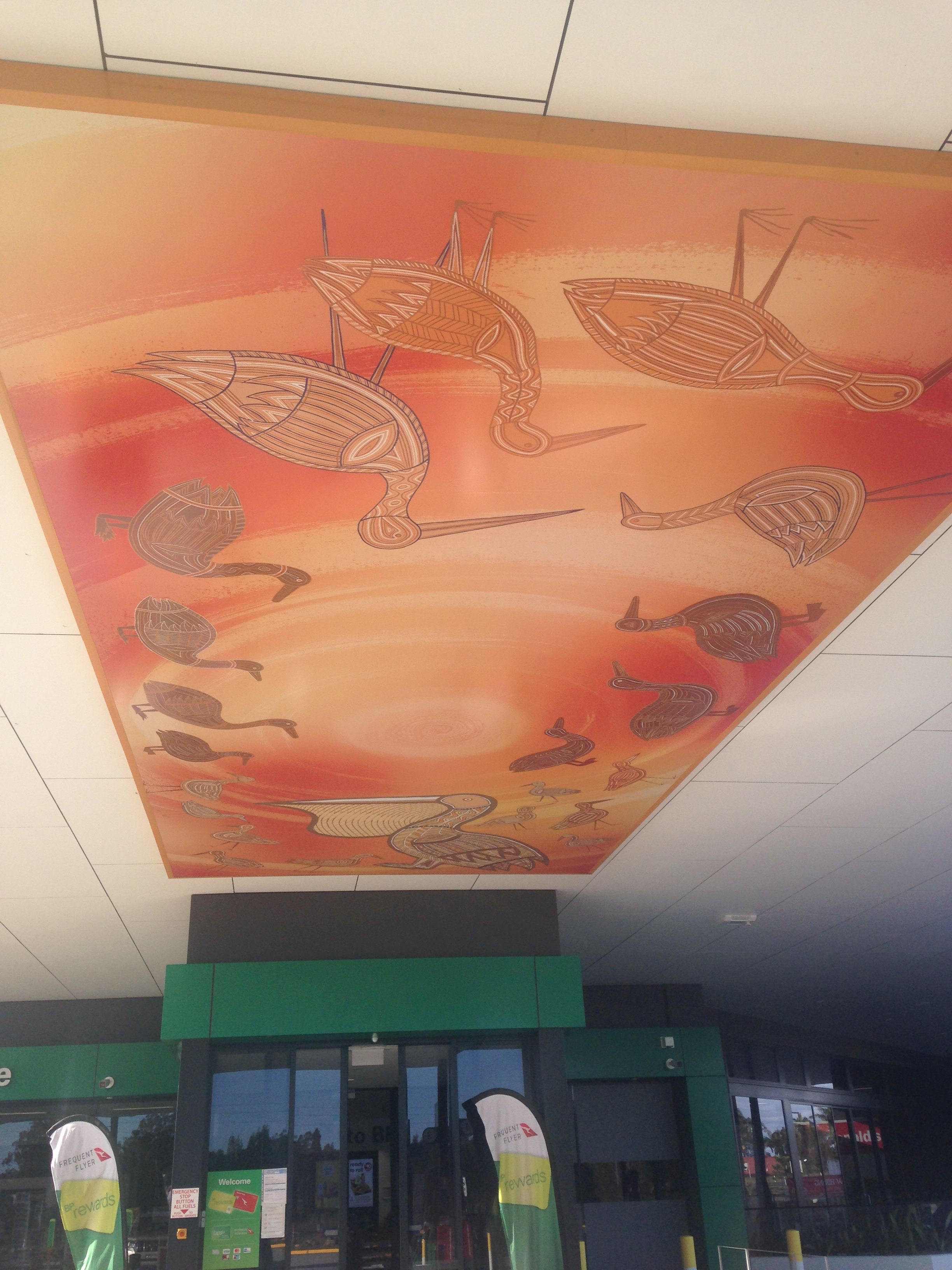 Image of Barbarra artwork by Indigenous artist Marcus Ferguson at Ballina BP refueling canopy