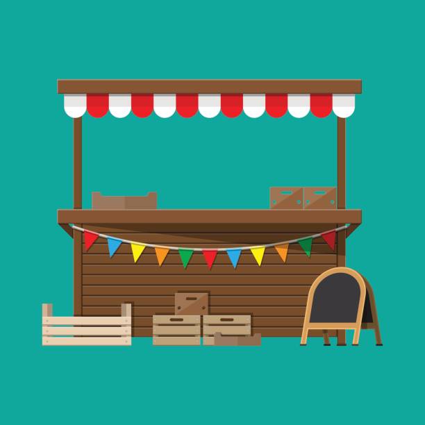 Traditional market empty wooden food stall with flags. Crates and chalk board. Vector illustration in flat style