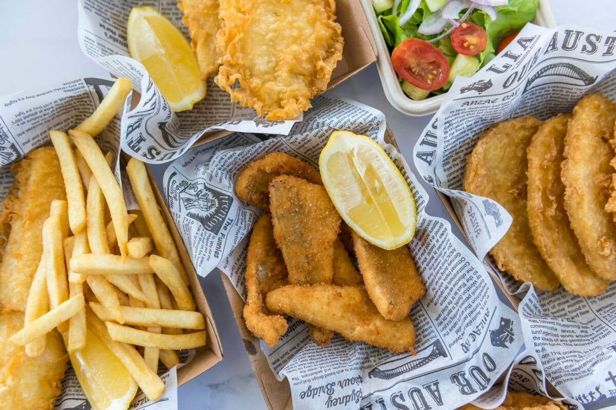 Trident Fish & Grill Alstonville – Classic Fish and Chips with a Local Twist “Crispy fish and chips, crumbed seafood, onion rings and salad served at Trident Fish & Grill in Alstonville
