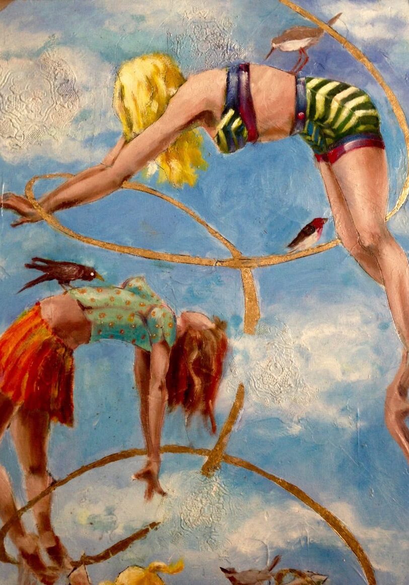 Melissa Wright – Whimsy in the Skies Surreal painting by Melissa Wright featuring two women in playful, acrobatic poses suspended in a dreamlike sky, surrounded by golden rings and birds.